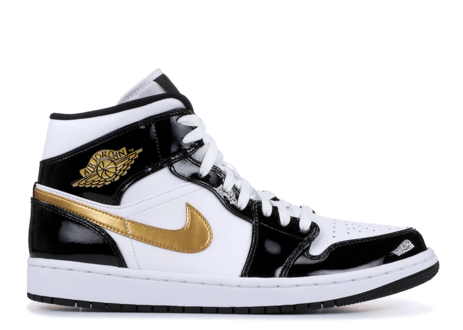Air Jordan 1 Mid Patent Black White Gold фото
