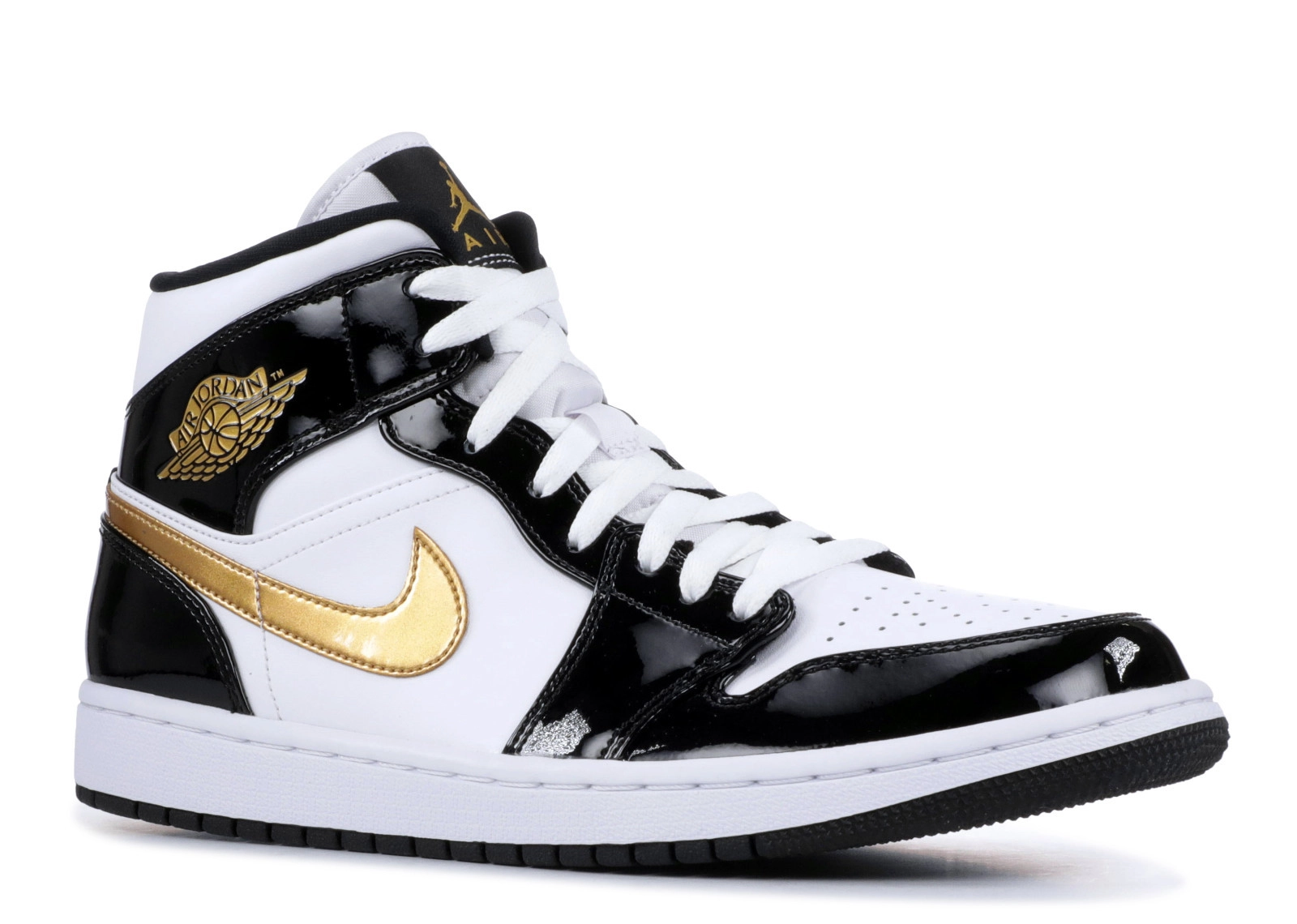 Air Jordan 1 Mid Patent Black White Gold фото