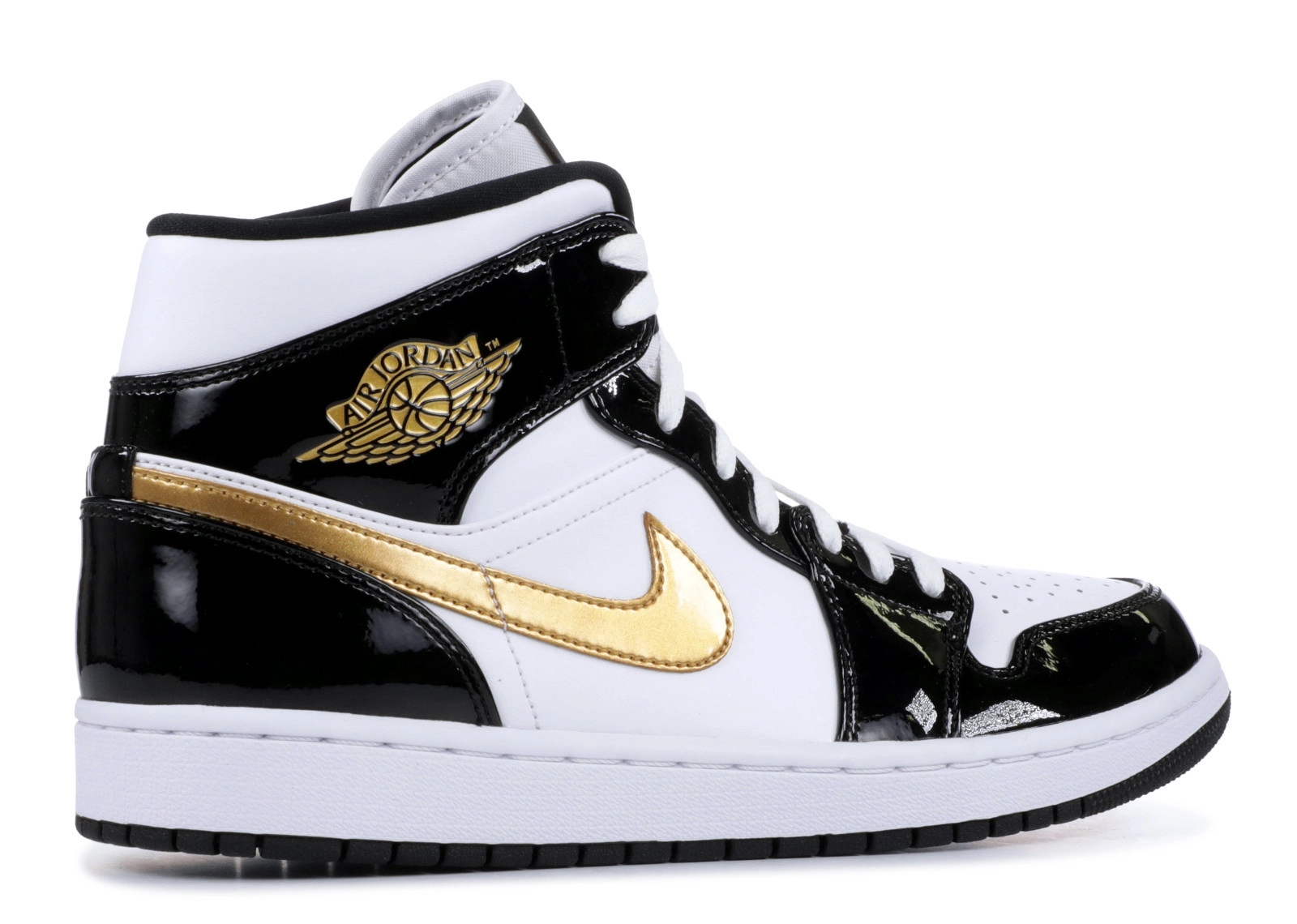 Air Jordan 1 Mid Patent Black White Gold фото