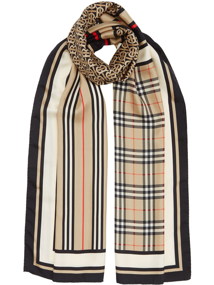 Burberry monogram icon stripe sale and check print silk scarf