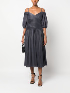 off-shoulder pleated midi dress фото