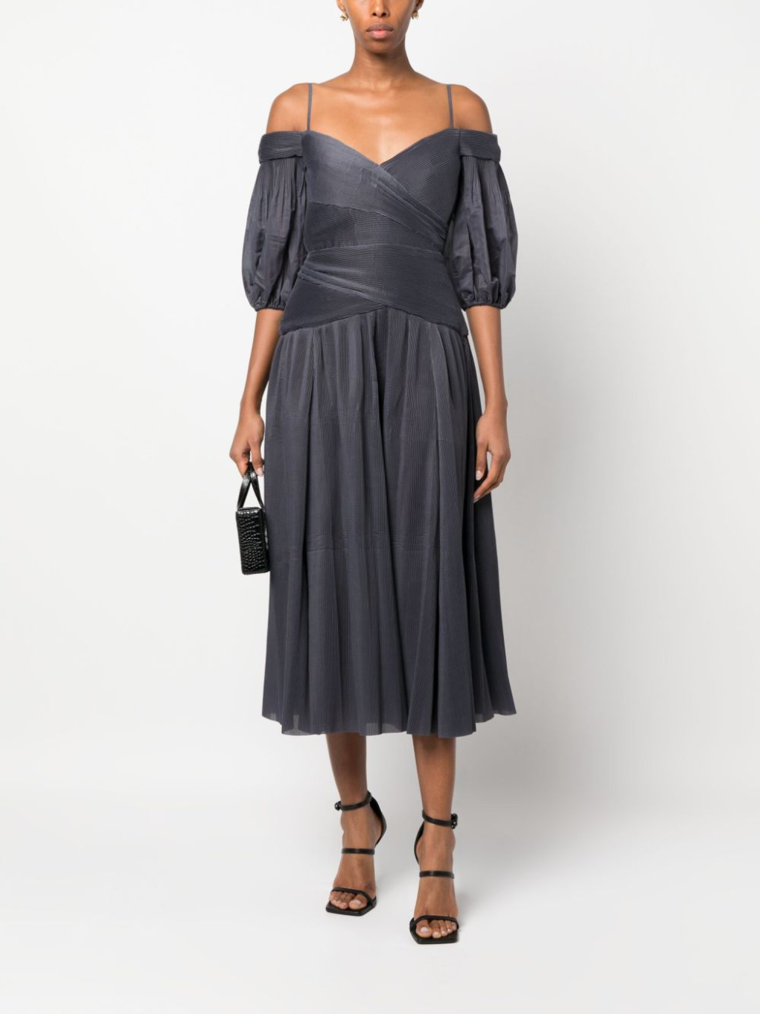 off-shoulder pleated midi dress фото